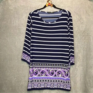 COCO Bianco 1X Top Shirt Navy Blue Striped Paisley Scoop Neck Flare 3/4 Sleeve